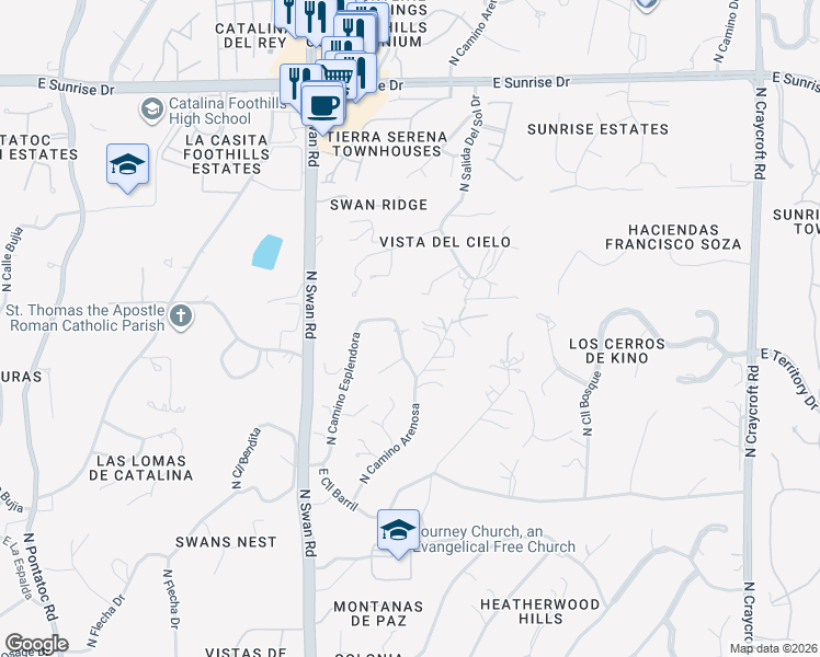 map of restaurants, bars, coffee shops, grocery stores, and more near 5161 North Camino Esplendora in Tucson