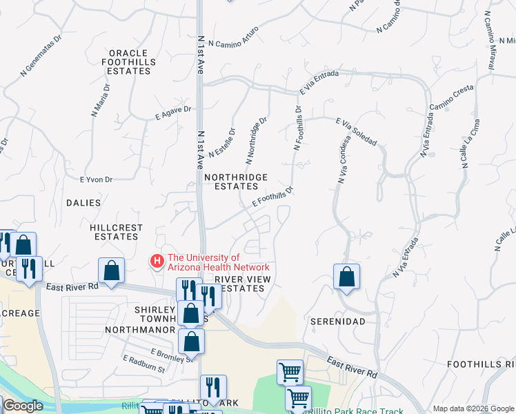 map of restaurants, bars, coffee shops, grocery stores, and more near 925 East Foothills Drive in Tucson