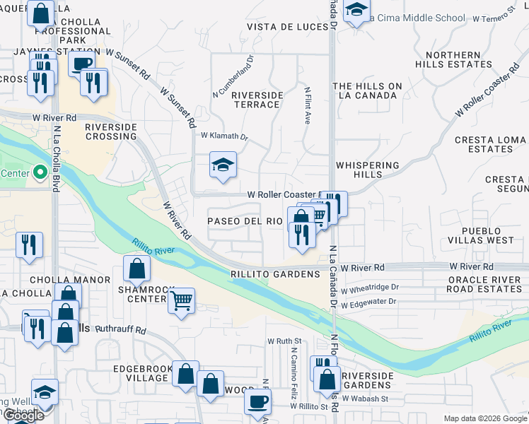map of restaurants, bars, coffee shops, grocery stores, and more near 1598 West Gentle Brook Trail in Tucson