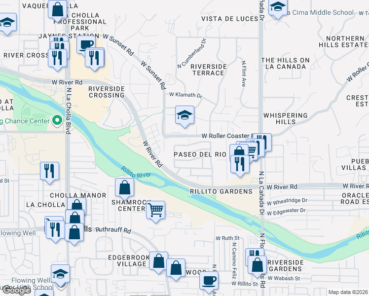 map of restaurants, bars, coffee shops, grocery stores, and more near 1650 West Gentle Brook Trail in Tucson