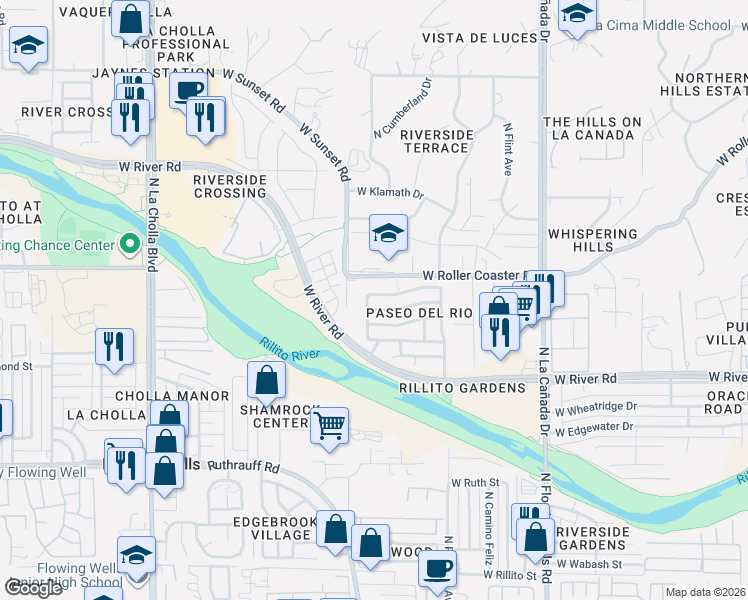 map of restaurants, bars, coffee shops, grocery stores, and more near 1779 West Roller Coaster Road in Tucson