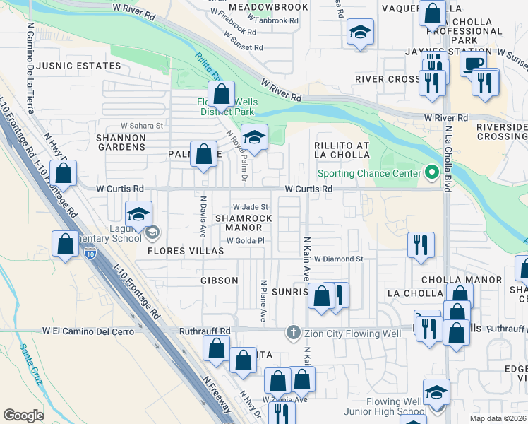 map of restaurants, bars, coffee shops, grocery stores, and more near 5151 North Kain Avenue in Tucson
