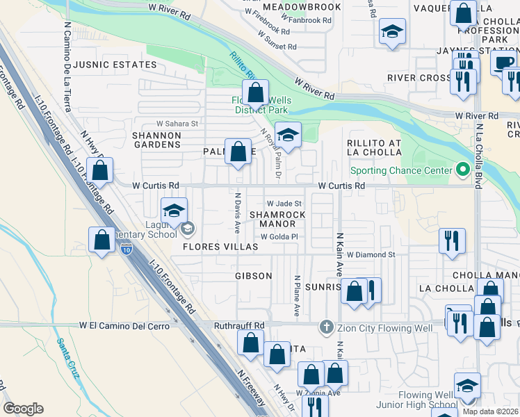map of restaurants, bars, coffee shops, grocery stores, and more near 2720 West Jade Street in Tucson