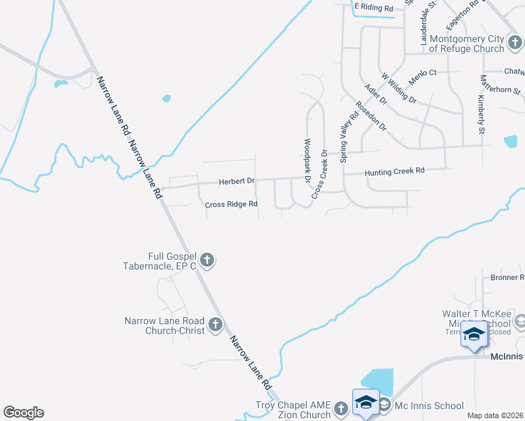 map of restaurants, bars, coffee shops, grocery stores, and more near 3044 Cross Creek Drive in Montgomery