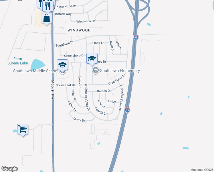 map of restaurants, bars, coffee shops, grocery stores, and more near 357 Green Leaf Drive in Montgomery