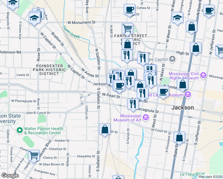 map of restaurants, bars, coffee shops, grocery stores, and more near 232 West Capitol Street in Jackson