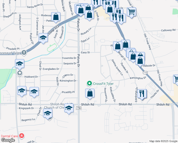 map of restaurants, bars, coffee shops, grocery stores, and more near 4400 Paluxy Drive in Tyler
