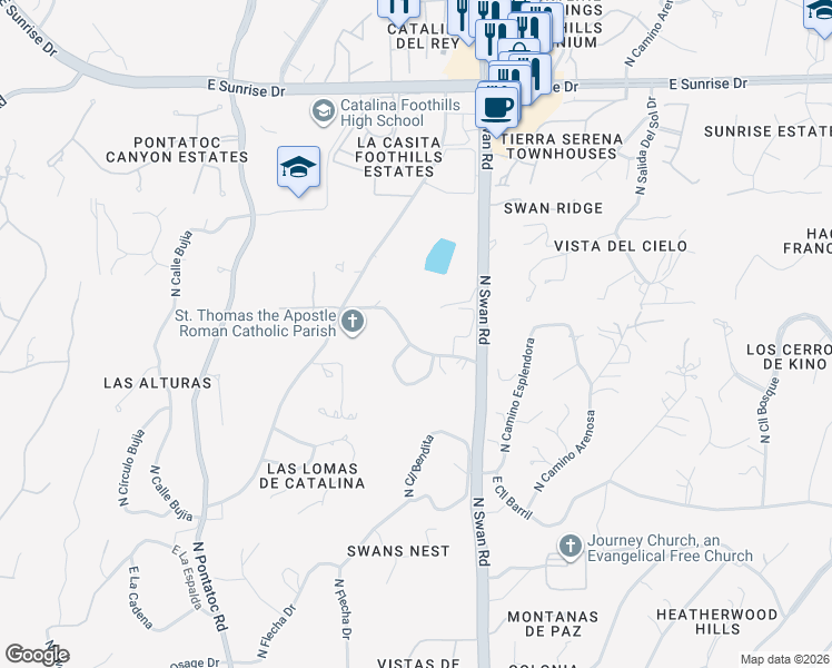 map of restaurants, bars, coffee shops, grocery stores, and more near 4525 East Calle Del Pantera in Tucson