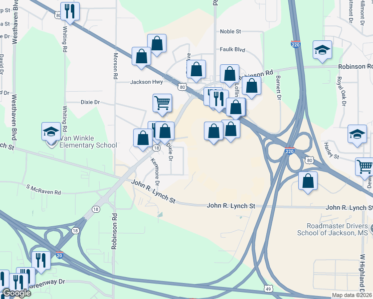 map of restaurants, bars, coffee shops, grocery stores, and more near 1706 Hampton Street in Jackson