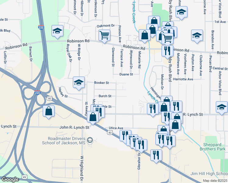 map of restaurants, bars, coffee shops, grocery stores, and more near 1032 Craft Street in Jackson