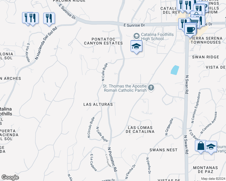 map of restaurants, bars, coffee shops, grocery stores, and more near 5149 North Pontatoc Road in Tucson