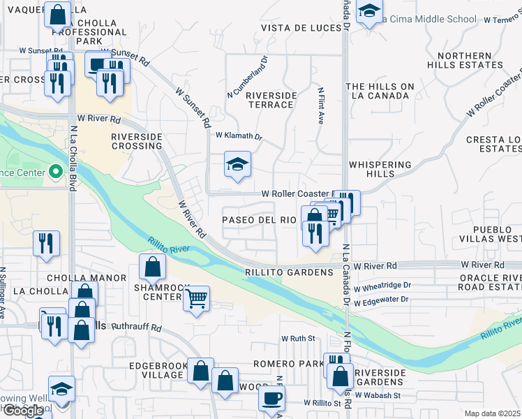map of restaurants, bars, coffee shops, grocery stores, and more near 1616 West Gleaming Moon Trail in Tucson