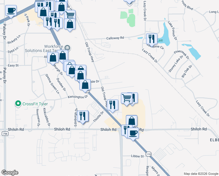 map of restaurants, bars, coffee shops, grocery stores, and more near 2906 Specialty Drive in Tyler