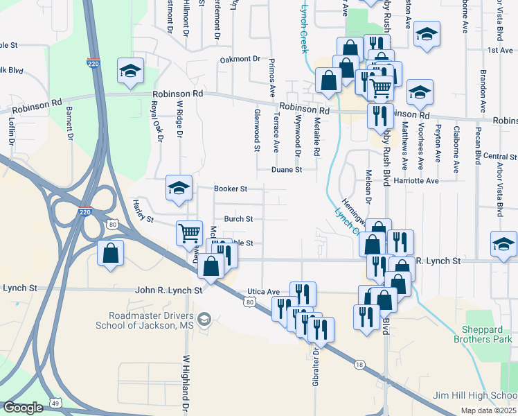 map of restaurants, bars, coffee shops, grocery stores, and more near 1032 Craft Street in Jackson