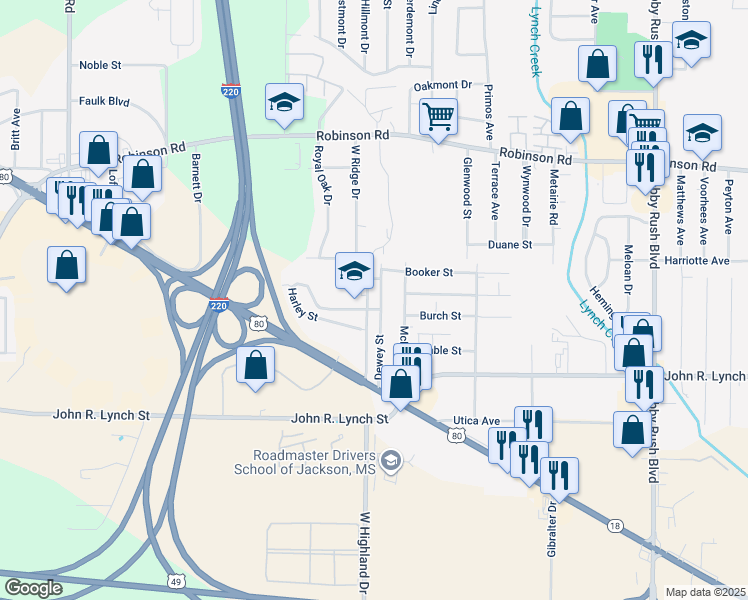 map of restaurants, bars, coffee shops, grocery stores, and more near 1031 Dewey Street in Jackson