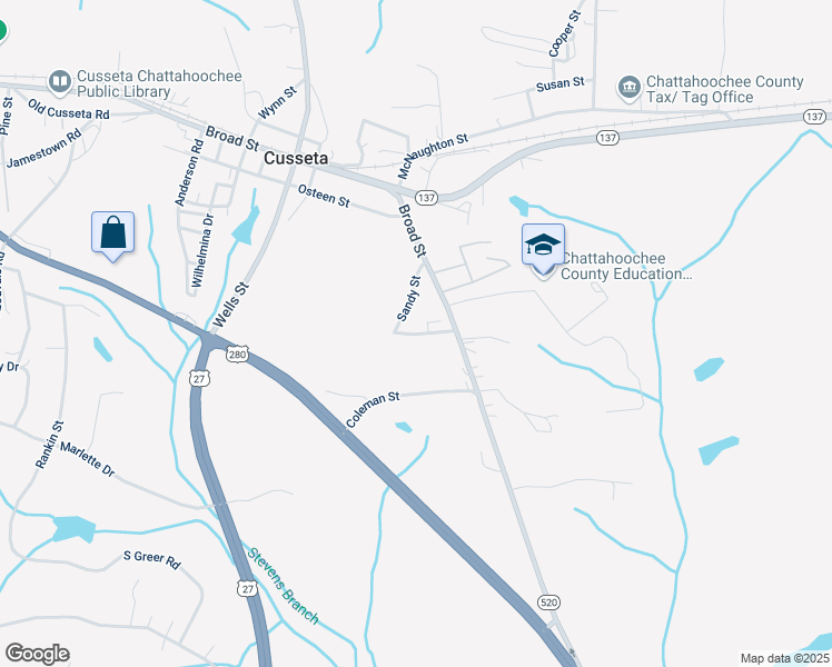 map of restaurants, bars, coffee shops, grocery stores, and more near 113 Sandy Street in Cusseta