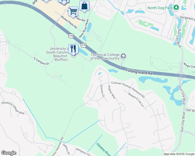 map of restaurants, bars, coffee shops, grocery stores, and more near 15 Mackay Lane in Bluffton