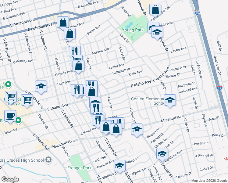 map of restaurants, bars, coffee shops, grocery stores, and more near 1711 Princess Jeanne Drive in Las Cruces