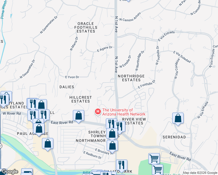 map of restaurants, bars, coffee shops, grocery stores, and more near 627 East Camino Alteza in Tucson