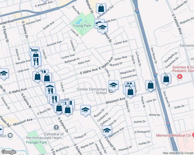 map of restaurants, bars, coffee shops, grocery stores, and more near 1304 Boston Drive in Las Cruces