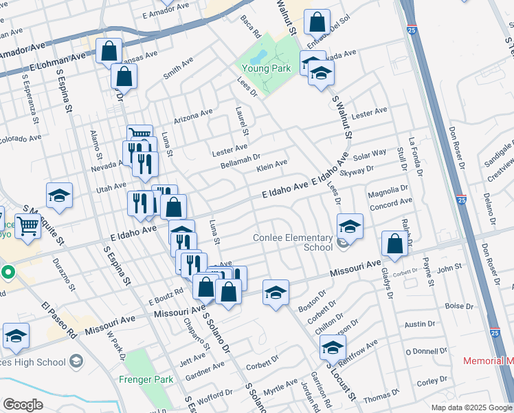 map of restaurants, bars, coffee shops, grocery stores, and more near 1801 Calle de Sueños in Las Cruces