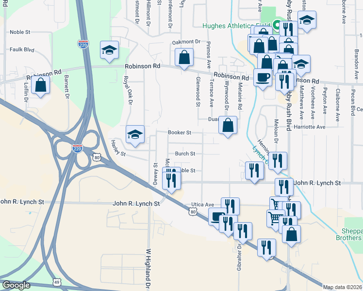 map of restaurants, bars, coffee shops, grocery stores, and more near 3256 Washington Street in Jackson