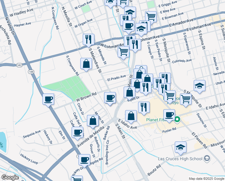 map of restaurants, bars, coffee shops, grocery stores, and more near 567 West Brown Road in Las Cruces