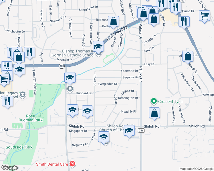 map of restaurants, bars, coffee shops, grocery stores, and more near 1426 Everglades Drive in Tyler