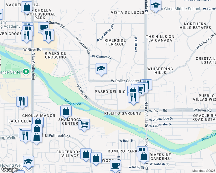 map of restaurants, bars, coffee shops, grocery stores, and more near 1650 West Gentle Brook Trail in Tucson
