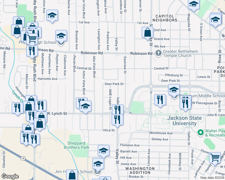 map of restaurants, bars, coffee shops, grocery stores, and more near 1819 Deer Park Street in Jackson