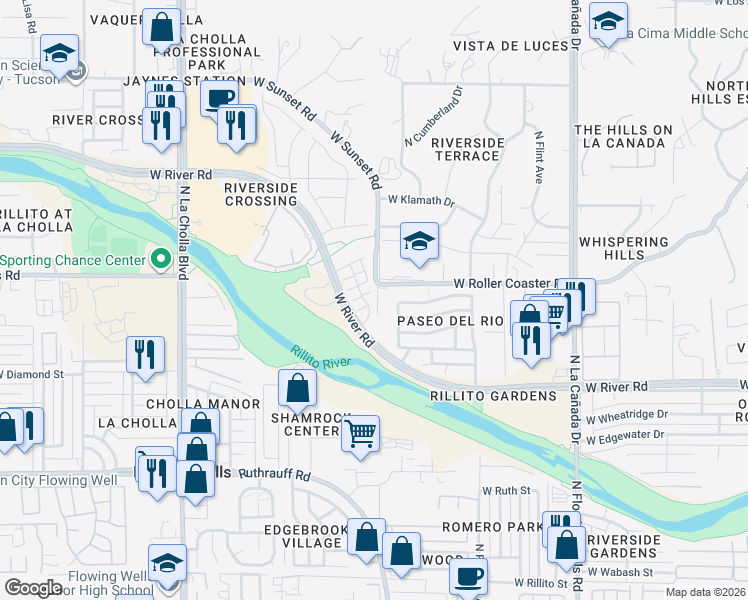 map of restaurants, bars, coffee shops, grocery stores, and more near 5132 Prairie Clover Trail in Tucson