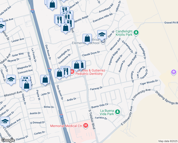 map of restaurants, bars, coffee shops, grocery stores, and more near 2941 Los Amigos Court in Las Cruces