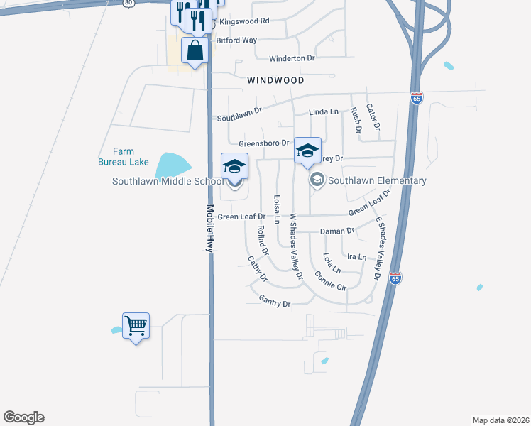 map of restaurants, bars, coffee shops, grocery stores, and more near 5244 Loisa Lane in Montgomery