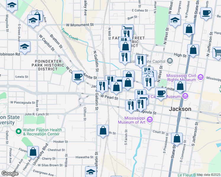 map of restaurants, bars, coffee shops, grocery stores, and more near 232 West Capitol Street in Jackson