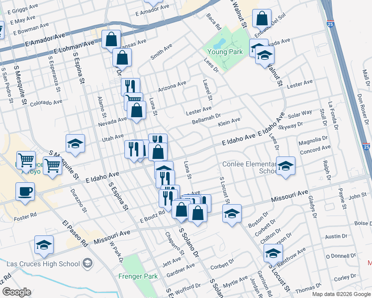 map of restaurants, bars, coffee shops, grocery stores, and more near 1711 Princess Jeanne Drive in Las Cruces