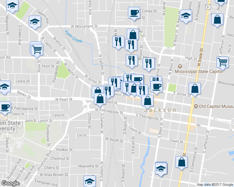 map of restaurants, bars, coffee shops, grocery stores, and more near W Capitol St & N Mill St in Jackson