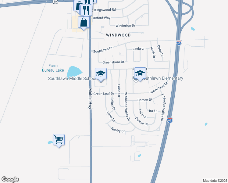 map of restaurants, bars, coffee shops, grocery stores, and more near 5244 Loisa Lane in Montgomery