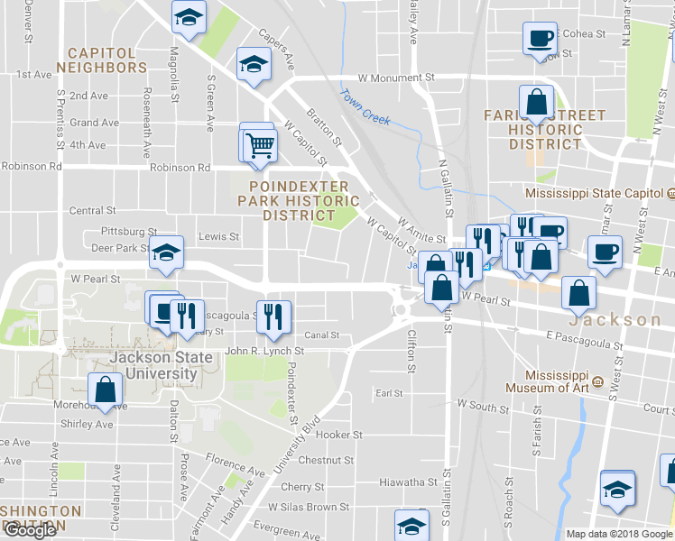 map of restaurants, bars, coffee shops, grocery stores, and more near 731 Deer Park St in Jackson