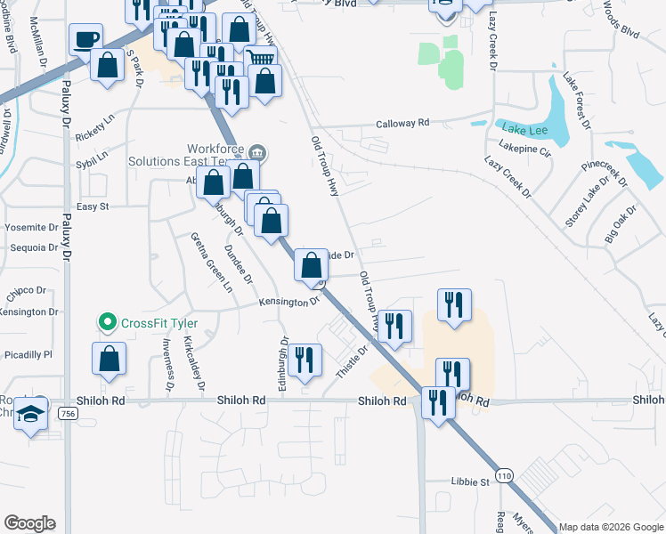 map of restaurants, bars, coffee shops, grocery stores, and more near 2715 Hillside Drive in Tyler
