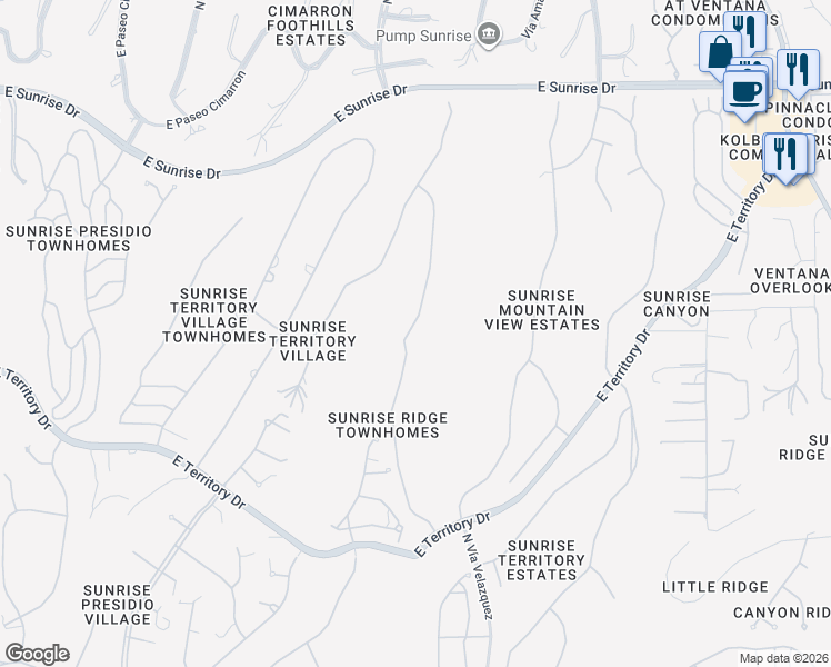 map of restaurants, bars, coffee shops, grocery stores, and more near 5160 North Grey Mountain Trail in Tucson