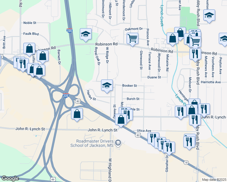 map of restaurants, bars, coffee shops, grocery stores, and more near 1031 Dewey Street in Jackson
