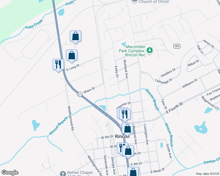 map of restaurants, bars, coffee shops, grocery stores, and more near 813 Rosalie Court in Rincon