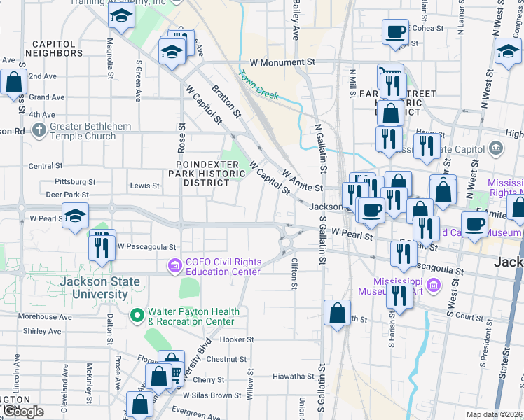 map of restaurants, bars, coffee shops, grocery stores, and more near 160 Minerva Street in Jackson