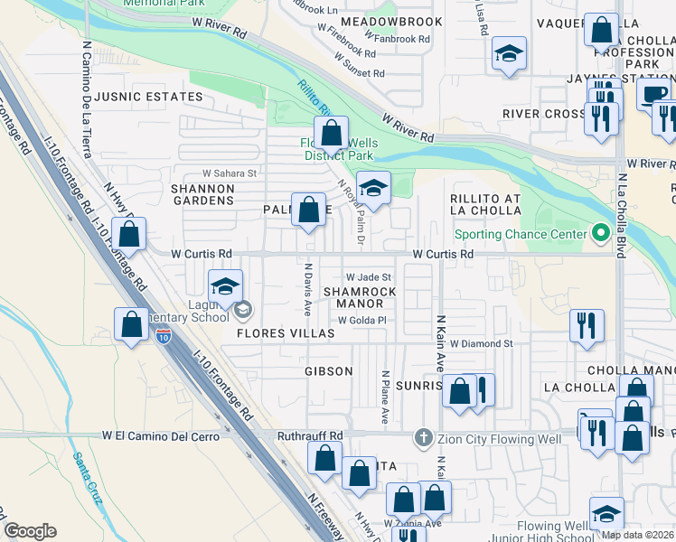 map of restaurants, bars, coffee shops, grocery stores, and more near 2720 West Jade Street in Tucson