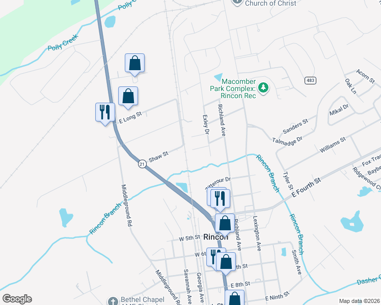map of restaurants, bars, coffee shops, grocery stores, and more near 813 Rosalie Court in Rincon