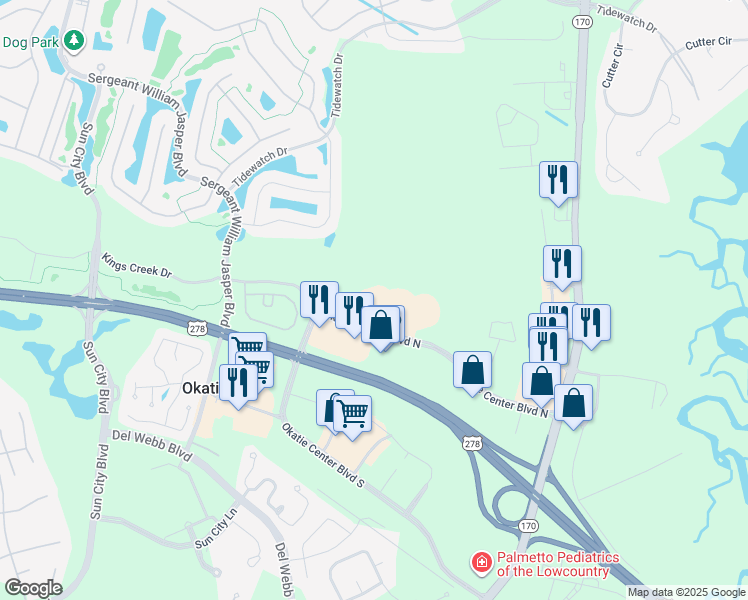 map of restaurants, bars, coffee shops, grocery stores, and more near 142 Okatie Center Boulevard North in Okatie