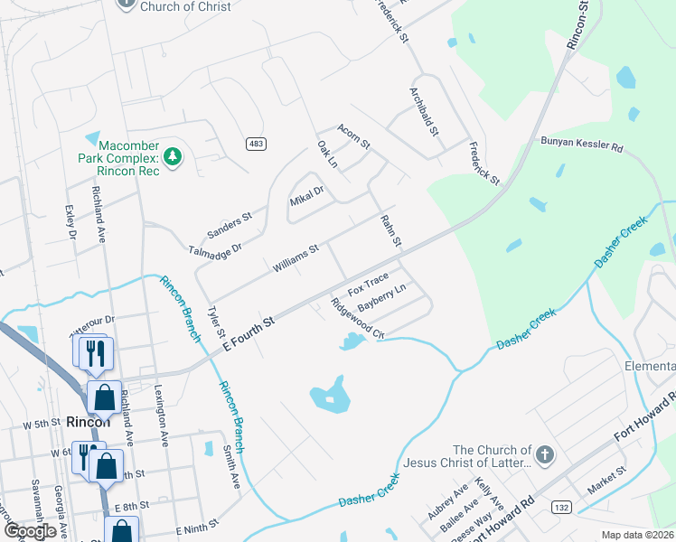 map of restaurants, bars, coffee shops, grocery stores, and more near 105 Warren Street in Rincon