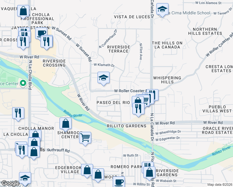 map of restaurants, bars, coffee shops, grocery stores, and more near 1598 West Gentle Brook Trail in Tucson
