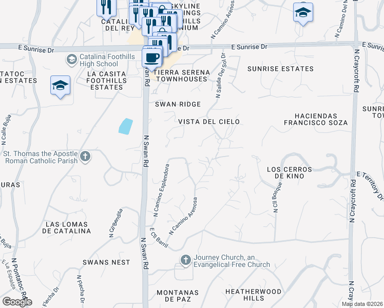 map of restaurants, bars, coffee shops, grocery stores, and more near 5161 North Camino Esplendora in Tucson