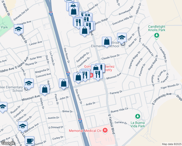 map of restaurants, bars, coffee shops, grocery stores, and more near 2702 Ridgeway Court in Las Cruces